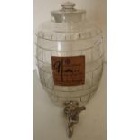 Early 20th C Hudson's Bay Jamaican rum etched glass barrel with tap and trade label (height approx