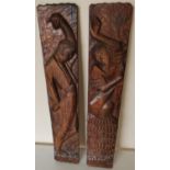 Pair of carved wood wall panels signed Leggy depicting Spanish dancers (12cm x 61cm)