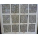 Framed and mounted set of 16th C woodcut book calendar engravings from the original blocks of The