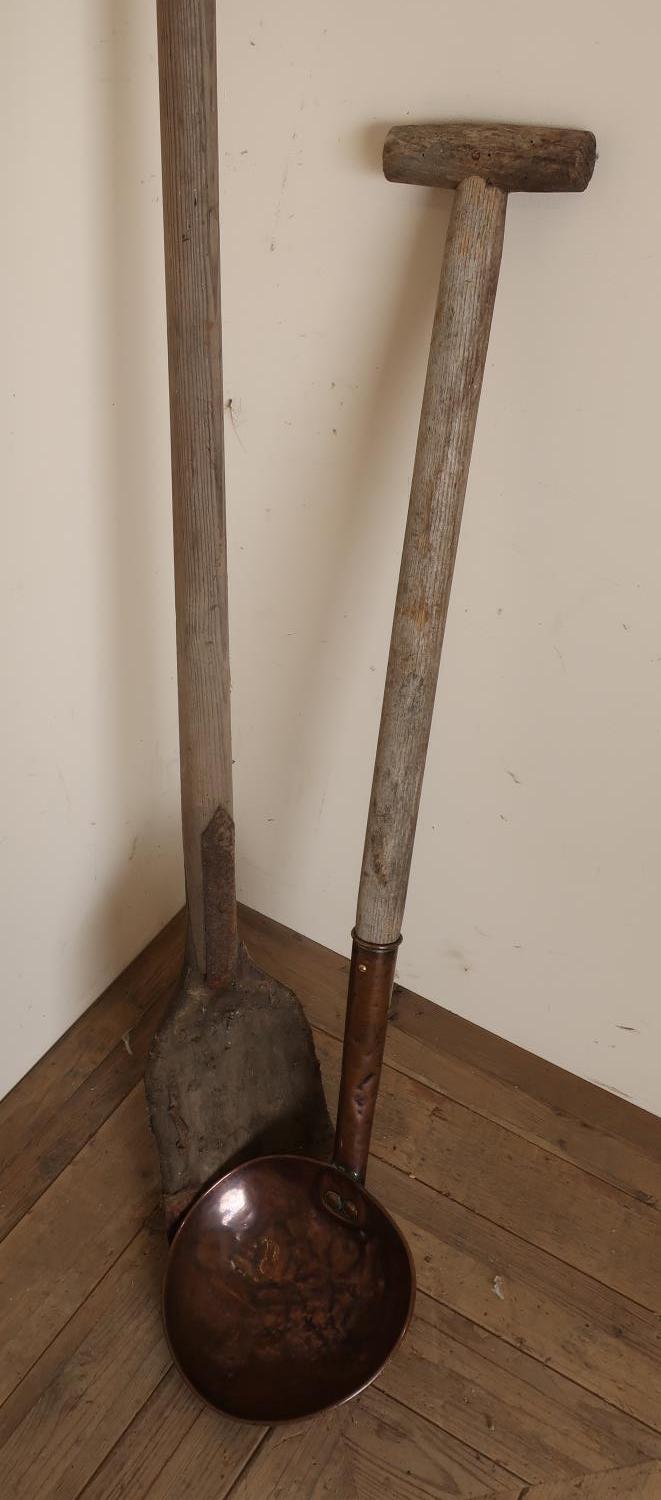 Early 20th C curd shovel and a 19th C whey scoop with cooper bowl