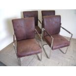 Set of four modern design brown suede and chrome framed dining chairs