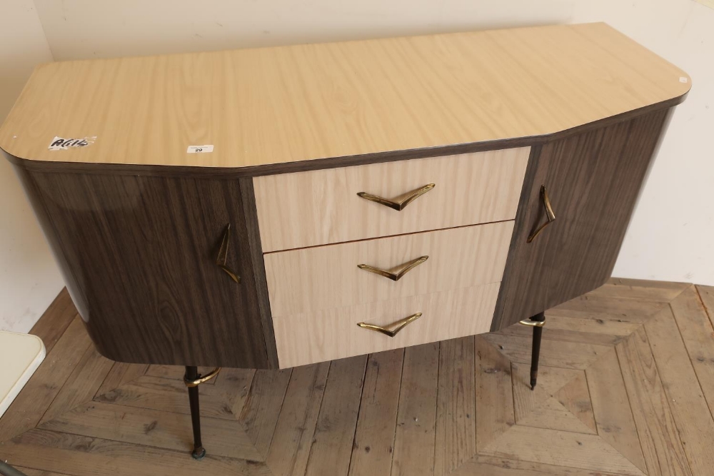 1960s laminate sideboard with three central drawers flanked by two cupboard doors, possible by