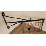 Early 20th C glass theatre 'Exit' sign, with wrought iron bracket