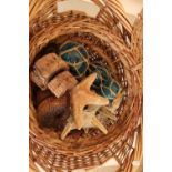 Two wicker baskets containing various starfish shells, glass and cork fishing floats