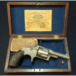 Cased Harrington & Richards .32 rim-fire revolver circa 1876 with 2 inch octagonal barrel engraved