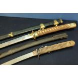 Japanese short sword with 17 inch blade, iron Tsuba and complete with sheath, and another large
