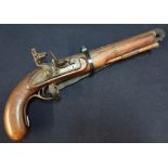 Flintlock pistol with 8 inch barrel stamped with proof marks, the lock with unusual frizzen spring