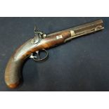 Early 19th C percussion cap flintlock conversion pistol with 7 1/2 inch octagonal rifled barrel with