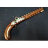 Early 19th C percussion cap flintlock conversion holster pistol with 8 1/2 inch octagonal barrel