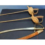 20th C Indian made sword and two 19th C fencing/practice swords with pierced brackets (3)