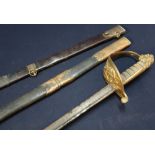 19th C Royal Navy Officers Dress Sword with 29 1/2inch pipe back blade with double pointed edge