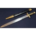 Mid 19th C French artillery gladius type sword with 19 inch blade and fish scale pattern grip, the