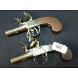 Near pair of early 19th C flintlock pocket pistols with 1 3/4 inch turn off barrels by Dunderdale