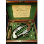 Mahogany cased pair of early 19th C Dunderdale & Mabson flintlock pocket pistols, with 1 1/2 inch