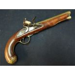 Early 19th C flintlock pistol with 7 3/4 inch brass barrel stamped with various proof marks,