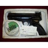 Webley Tempest .177 air pistol in fitted polystyrene tray with part tin of pellets, rifle barrel