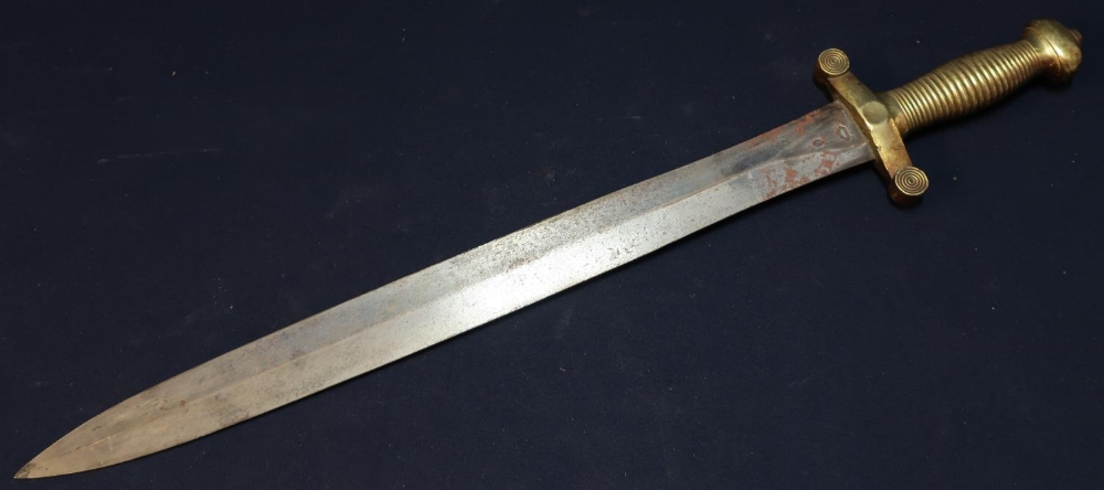 Mid 19th C French artillery gladius type sword with 19 inch blade stamped with various marks