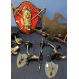 Selection of various forge made wrought metal wall candle fittings, brackets, wall mounting hooks