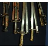 Group of five various assorted bayonets including two French 19th C Chassepot style bayonets, a