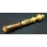 Heavy brass tipstaff with turned wood handle (cracked), with acorn shaped finial and Royal Crest,