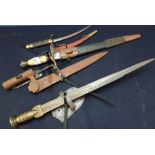 Antler handled dagger with leather sheath, an unusual 19th C long bladed dagger with ribbed bronze