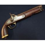 Percussion cap large bore cavalry type pistol with 10 inch barrel, stirrup ramrod and brass mounts