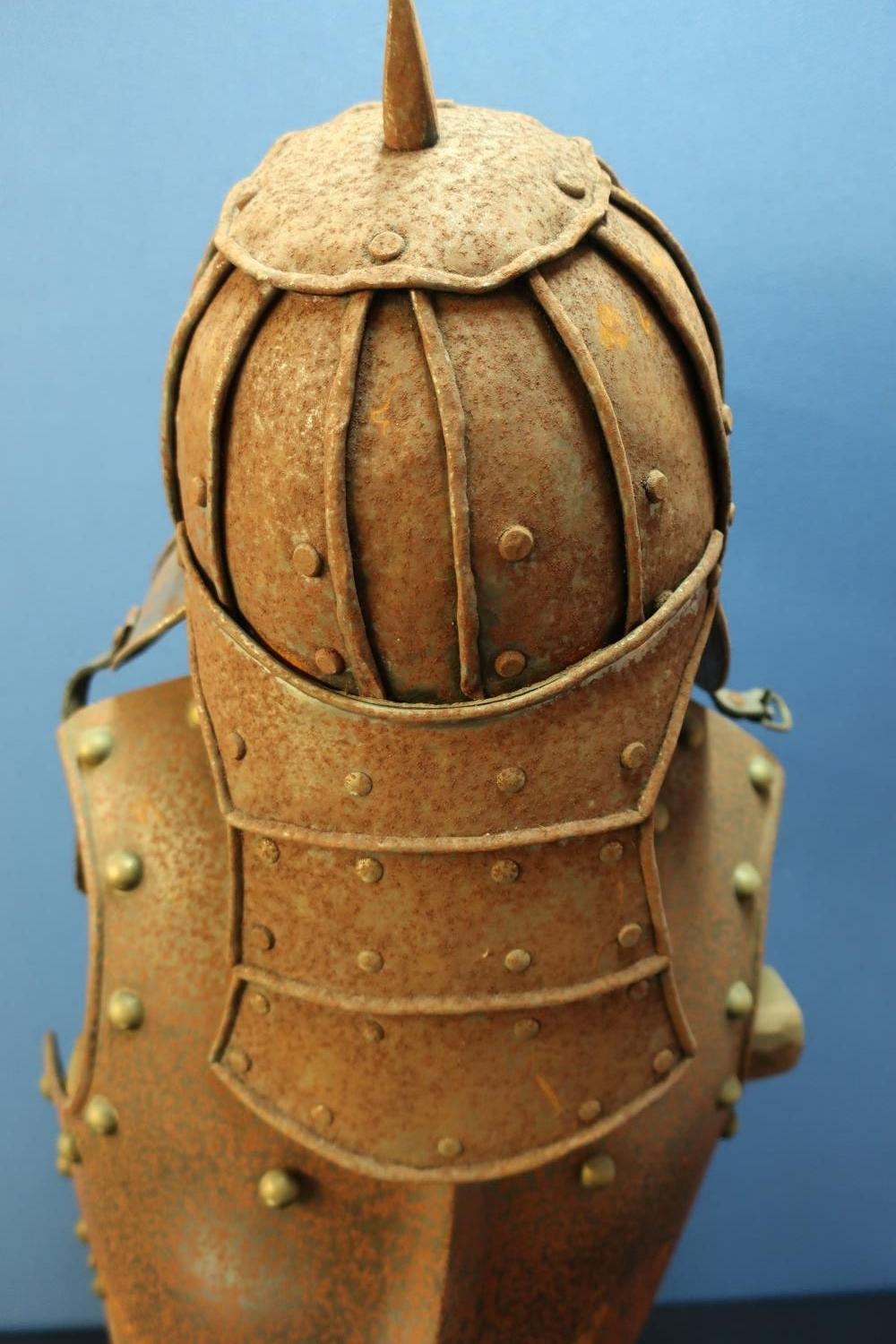 Reproduction steel riveted breast plate and a lobster tail style helmet, with wooden stand - Image 2 of 2