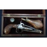 Mahogany cased Belgium percussion cap pocket pistol with 1 1/2 inch turnoff barrel stamped with
