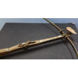 19th C stone bow, wood and steel construction with 28 inch cross piece and wrought metal wall