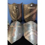 Set of four reproduction steel medieval style knights shields with various crests (approx. 60cm