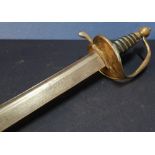 18th C continental Hanger type sword with 24 1/2 inch slightly curved sword with top fuller engraved