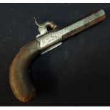 Percussion cap pocket pistol with rounded action and 2 1/4 inch turn off octagonal barrel marked