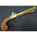 Early 19th C percussion cap brass barrelled Blunderbuss pistol with sprung loaded bayonet by