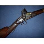 Early - mid 19th C Turkish long barrel rifle with 51 inch octagonal four banded barrel with