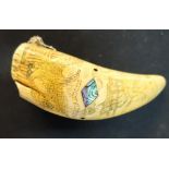 Scrimshaw whales tooth of American interest, scrimed with various figures including American