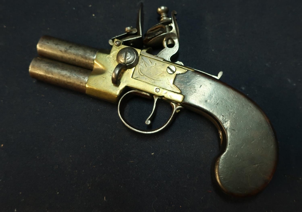 Early 19th C English flintlock over and under tap action pocket pistol with 1 1/2 inch turn barrels,