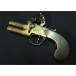 Early 19th C English flintlock over and under tap action pocket pistol with 1 1/2 inch turn barrels,