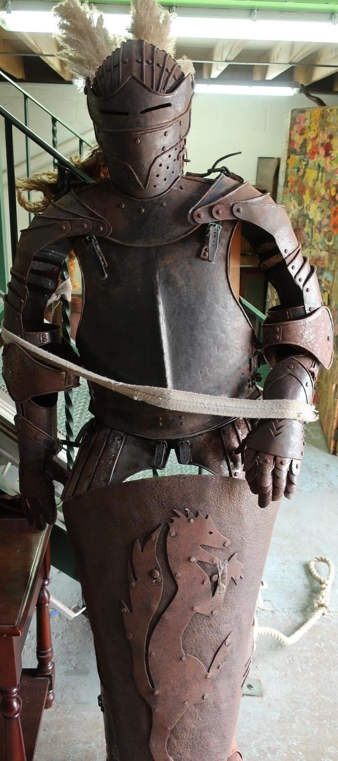 Reproduction Suit of Armour with fully enclosed helmet, complete with triangular Norman type