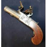 H Nock of London flintlock pocket pistol with 1 1/2 inch turnoff rifled barrel, the muzzle