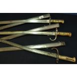 Group of three 1868 French Chassepot bayonets complete with steel scabbards