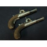 Pair of early 19th C percussion cap flintlock conversion round action pocket pistols with 1 1/2 inch
