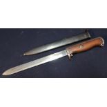 Norwegian M1894 bayonet with 8 inch blade, wooden grip and steel sheath stamped 15647