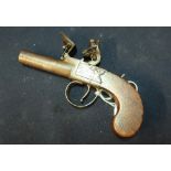 Early 19th C flintlock pocket pistol with 1 3/4 inch turn off barrel, with engraved Coat of Arms
