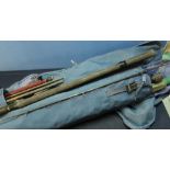 Selection of various fishing rods, line support, rod holders, Shakespeare carry bag, etc