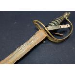 18th C Naval Hanger type sword with 26 inch slightly curved blade with broad central fuller and