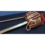 Good quality copy of a Scottish Victorian Officers Broad Sword with basket hilt, complete with steel