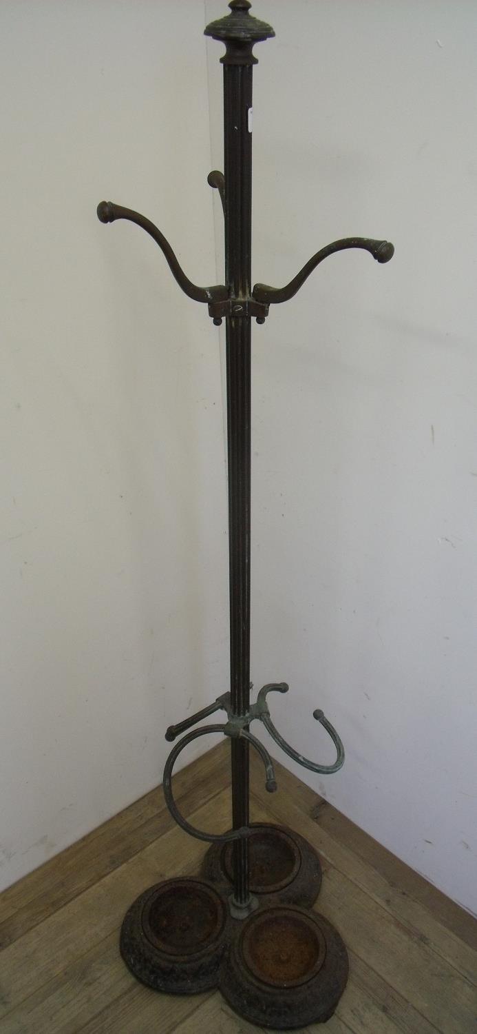 Unusual early 20th C brass hat, coat and stick stand with fluted central column and three stick