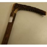 Early 20th C riding crop with antler handle and brass collar marked warranted steel line with