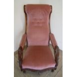 Victorian mahogany framed armchair with swan neck arm supports and upholstered seat, back and arms