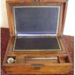 19th C walnut travelling writing box with hinged top revealing fitted interior, with brass mounts (